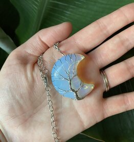 Silver Moon Wire Wrapped Necklace, Opalite