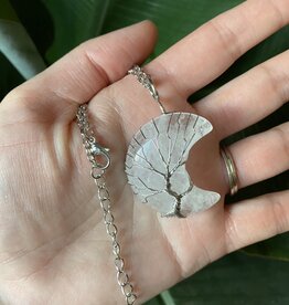 Silver Moon Wire Wrapped Necklace, Clear Quartz