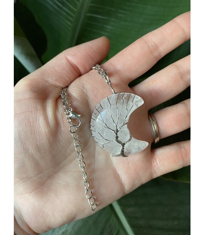 Silver Moon Wire Wrapped Necklace, Clear Quartz