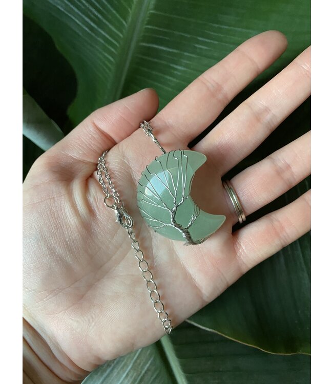 Silver Moon Wire Wrapped Necklace, Green Aventurine