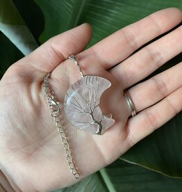 Silver Moon Wire Wrapped Necklace, Rose Quartz