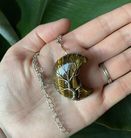 Silver Moon Wire Wrapped Necklace, Tiger Eye