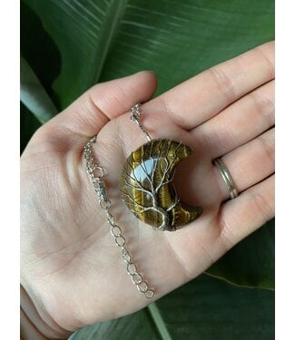 Silver Moon Wire Wrapped Necklace, Tiger Eye