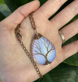 Antique Bronze Oval Wire Wrapped Necklace, Opalite