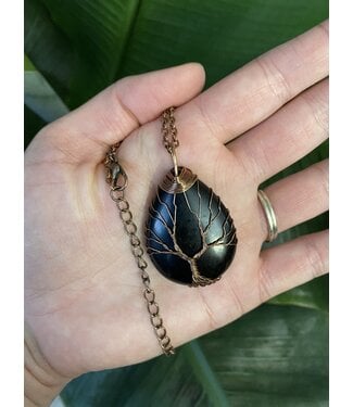 Antique Bronze Oval Wire Wrapped Necklace, Black Obsidian