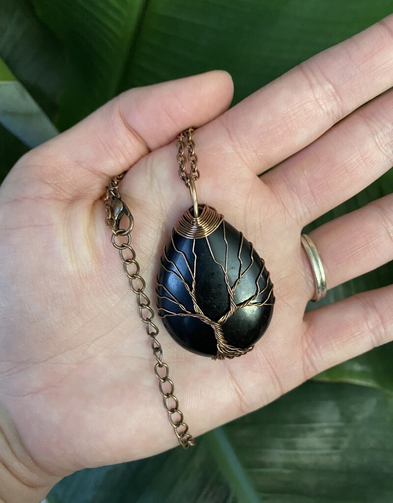 Antique Bronze Oval Wire Wrapped Necklace, Black Obsidian