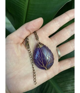 Antique Bronze Oval Wire Wrapped Necklace, Amethyst