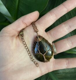 Antique Bronze Oval Wire Wrapped Necklace, Tiger Eye