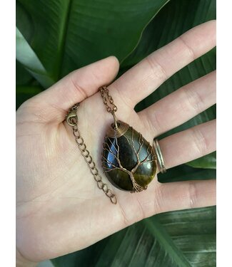 Antique Bronze Oval Wire Wrapped Necklace, Tiger Eye