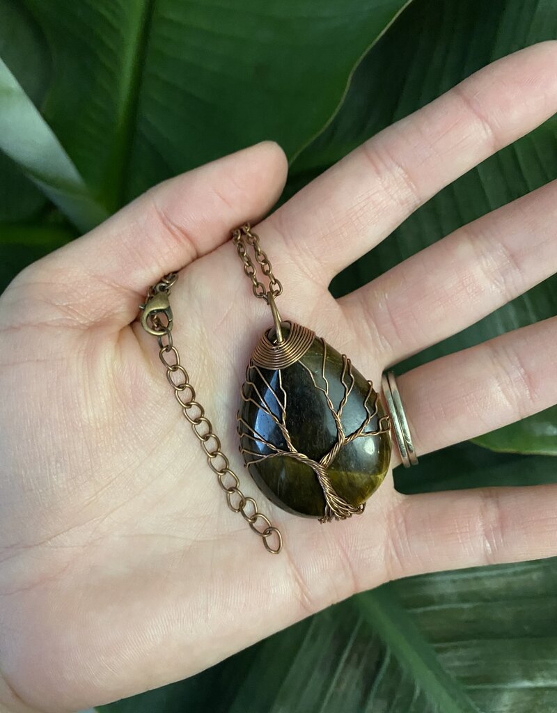 Antique Bronze Oval Wire Wrapped Necklace, Tiger Eye