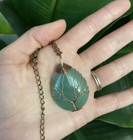 Antique Bronze Oval Wire Wrapped Necklace, Green Aventurine