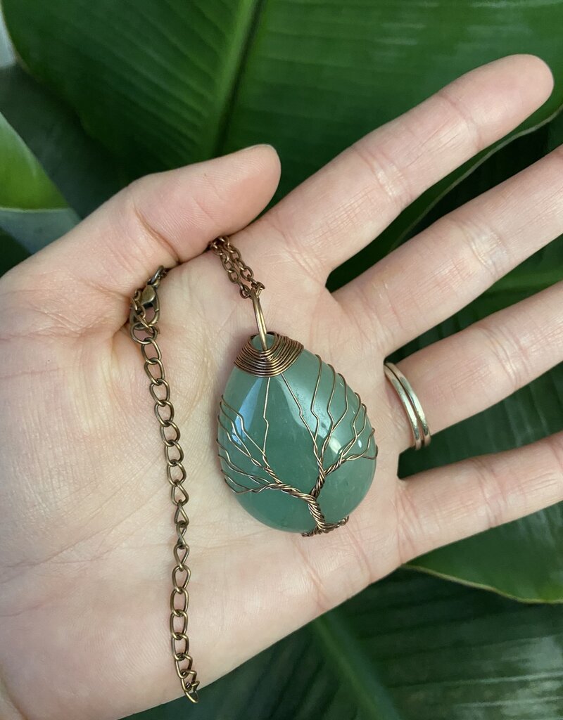 Antique Bronze Oval Wire Wrapped Necklace, Green Aventurine