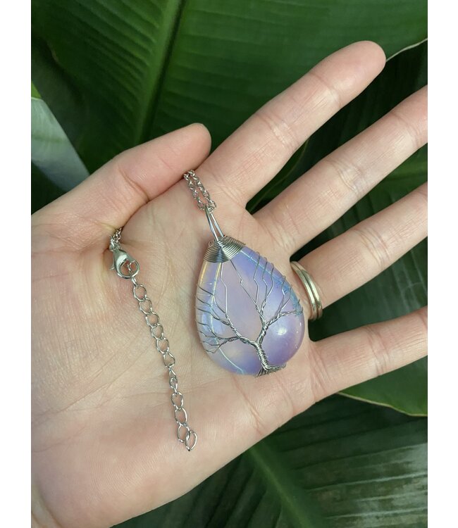 Silver Oval Wire Wrapped Necklace, Opalite