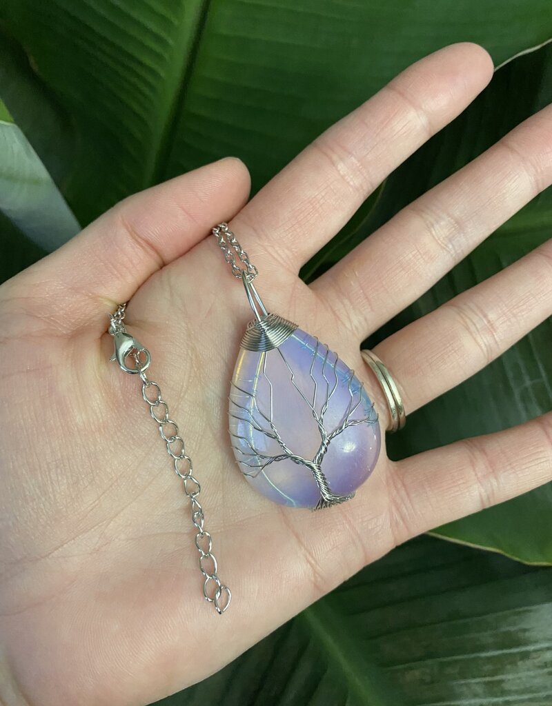 Silver Oval Wire Wrapped Necklace, Opalite
