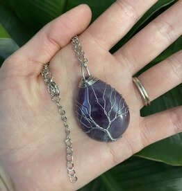 Silver Oval Wire Wrapped Necklace, Amethyst