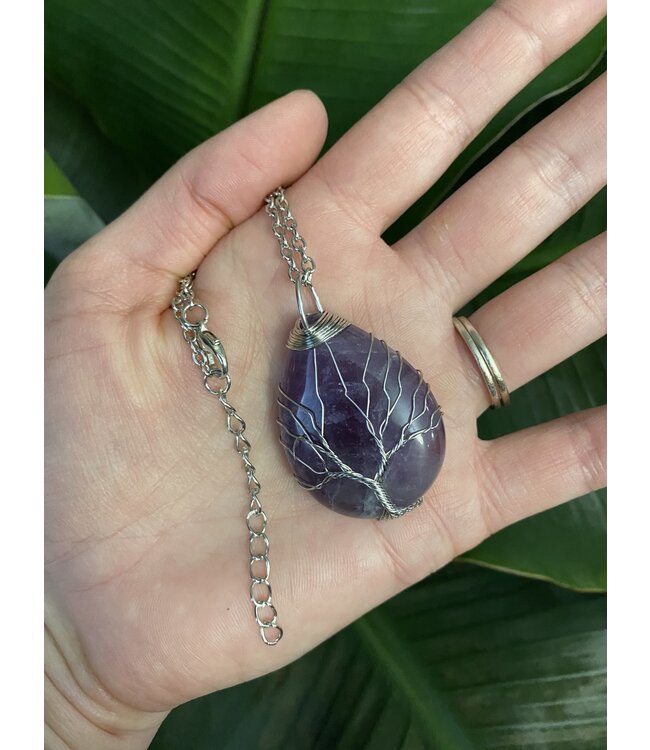 Silver Oval Wire Wrapped Necklace, Amethyst