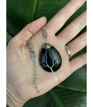 Silver Oval Wire Wrapped Necklace, Black Obsidian