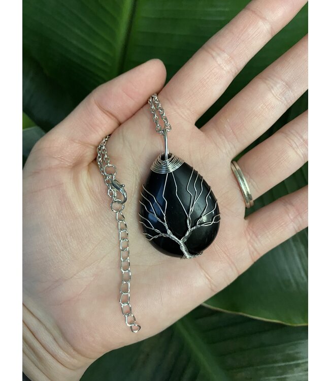 Silver Oval Wire Wrapped Necklace, Black Obsidian