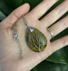 Silver Oval Wire Wrapped Necklace, Tiger Eye