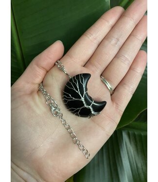Silver Moon Wire Wrapped Necklace, Black Obsidian
