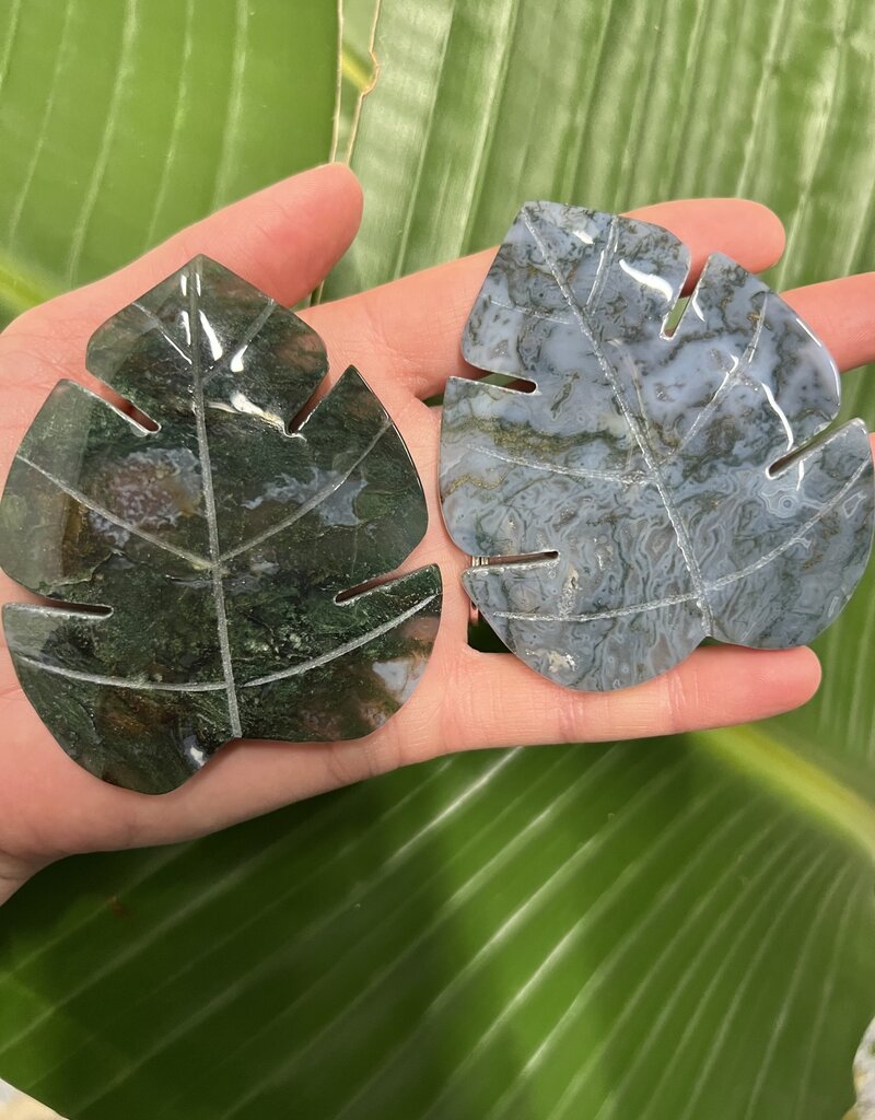 Moss Agate Monestera Leaf Carving