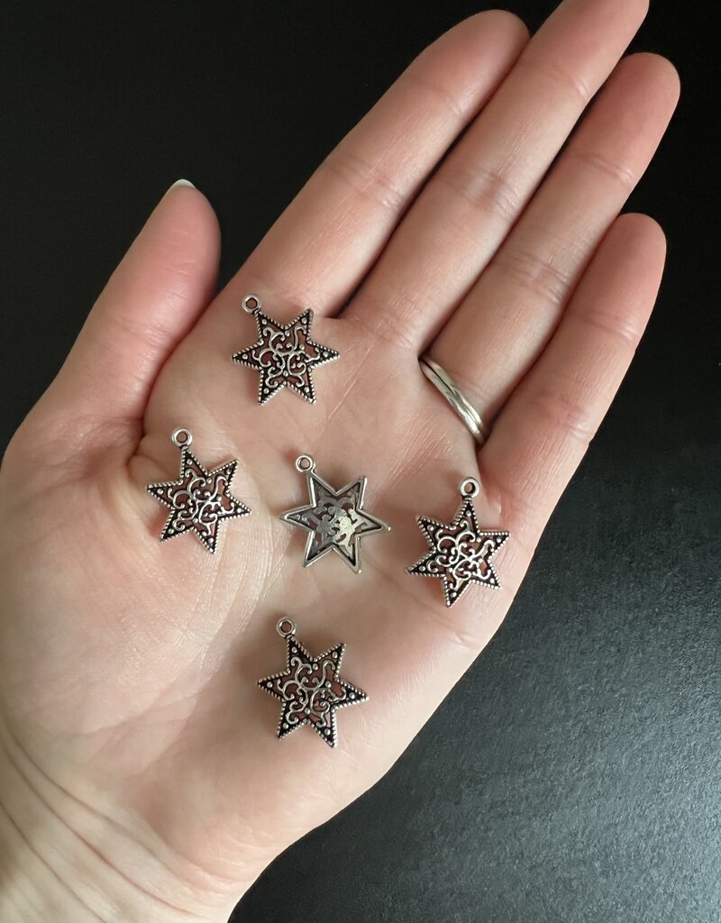 Star Charm #8, Antique Silver, 23mm x 17mm 5 Pack *disc.*