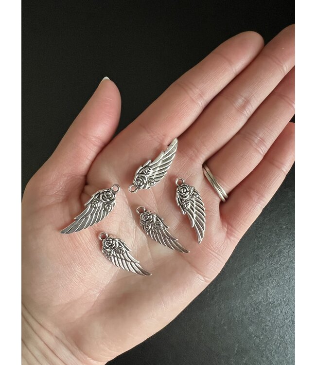 Wing with Rose Charm, Antique Silver, 31mm x 11.5mm 5 Pack *disc.*