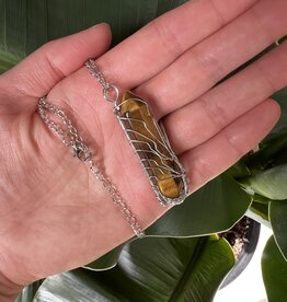 Silver Point Wire Wrapped Necklace, Tiger Eye