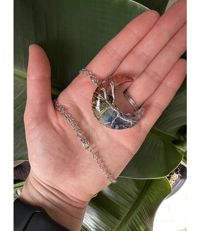 Silver Moon Wire Wrapped Necklace, Chakra Set
