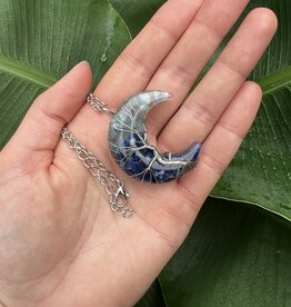 Silver Moon Wire Wrapped Necklace, Lapis + Aquamarine