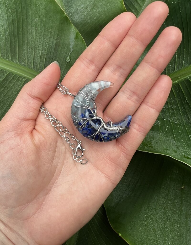 Silver Moon Wire Wrapped Necklace, Lapis + Aquamarine