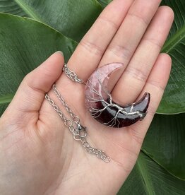 Silver Moon Wire Wrapped Necklace, Rose Quartz + Garnet