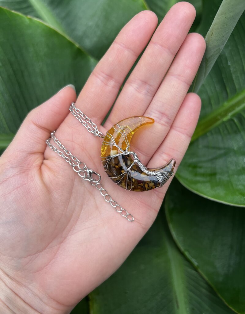 Silver Moon Wire Wrapped Necklace, Tiger Eye + Citrine