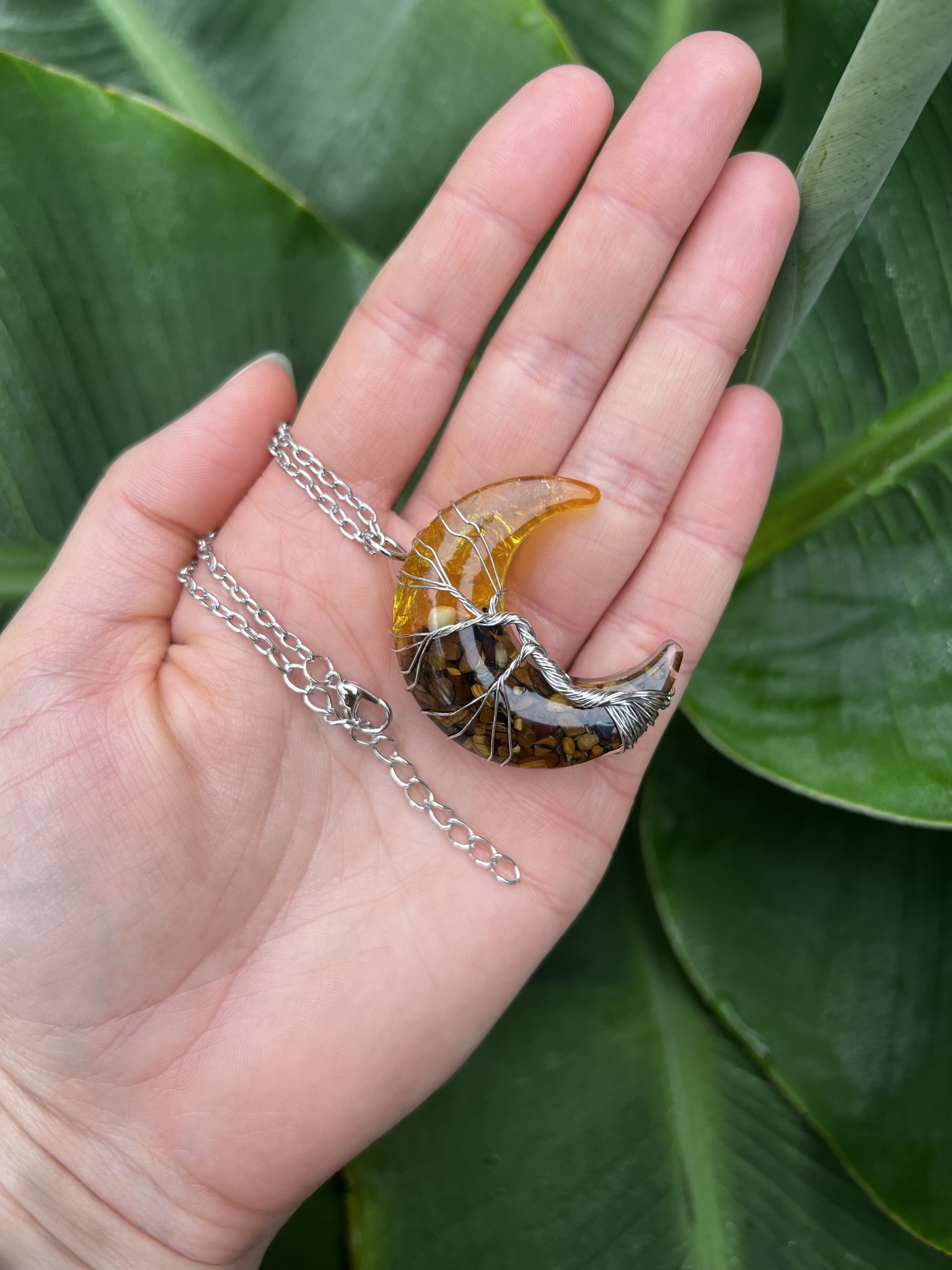 Silver Moon Wire Wrapped Necklace, Tiger Eye + Citrine - The Raw