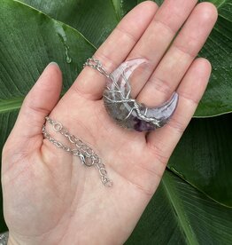 Silver Moon Wire Wrapped Necklace, Rose Quartz + Labradorite + Amethyst