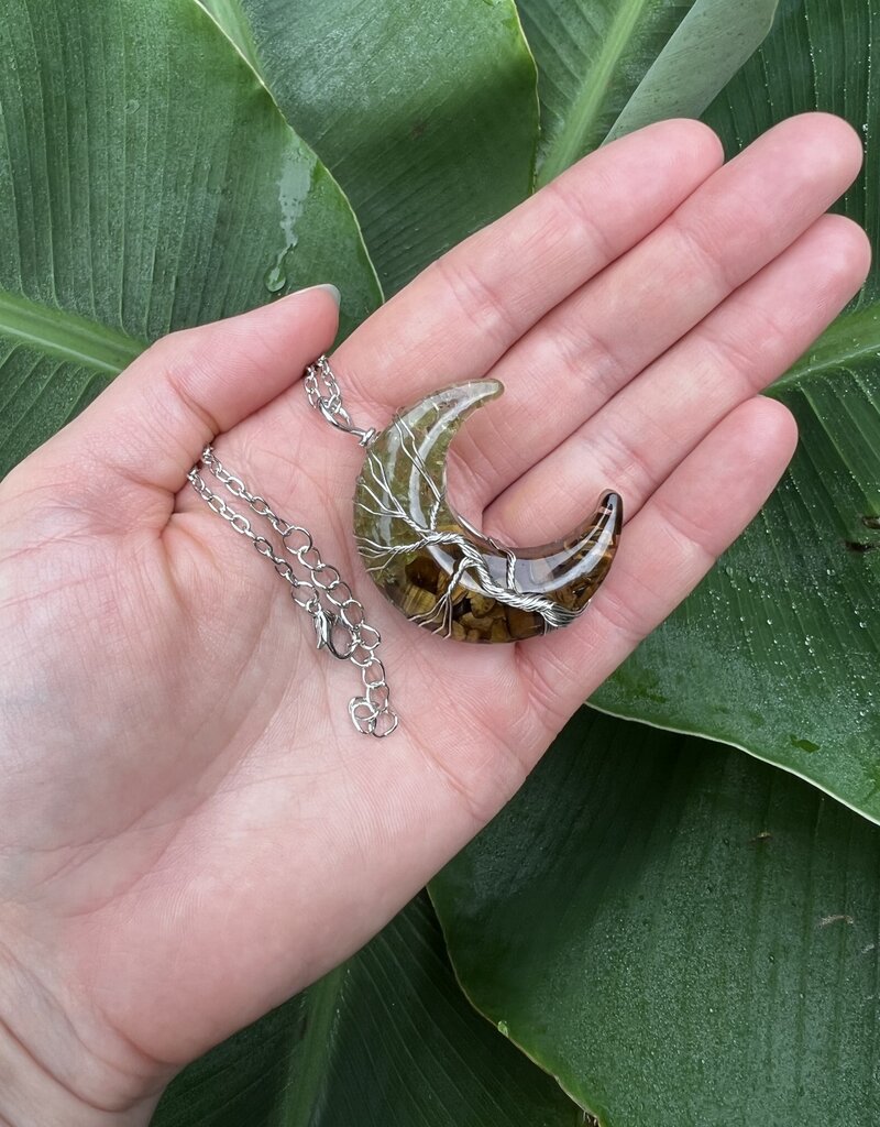 Silver Moon Wire Wrapped Necklace, Peridot + Tiger Eye