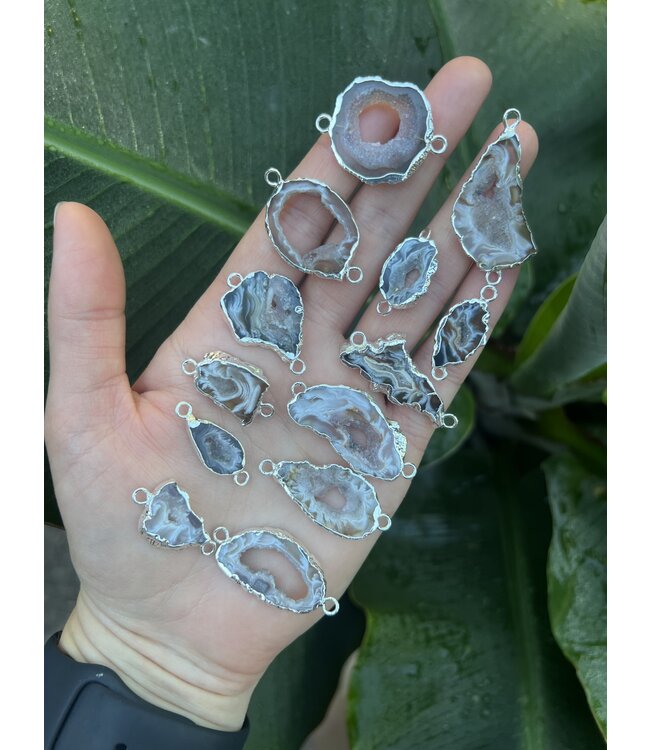 Natural Agate Geode Links, Brass Silver, 26-54mm x 14.5-30mm 1 Pack