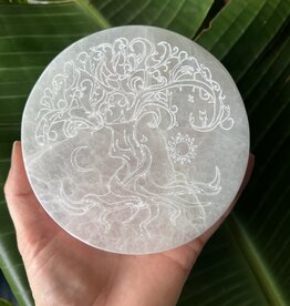 Selenite Round Charging Plate, Engraved Tree of Life, 12cm