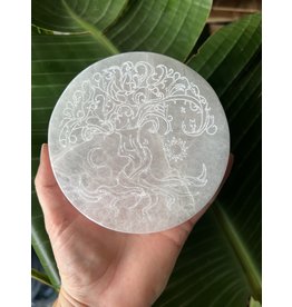 Selenite Round Charging Plate, Engraved Tree of Life, 12cm