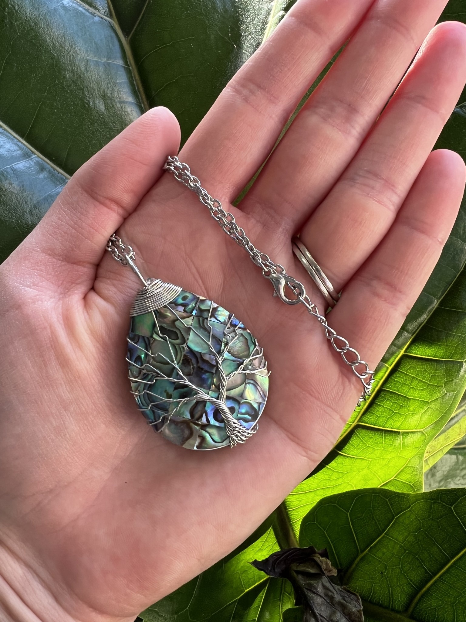 Silver Oval Wire Wrapped Necklace, Ablone Shell - The Raw Rock Shop Inc.