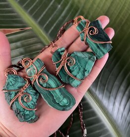 Malachite Slice Necklaces Copper Wire Wrapped, 18" length