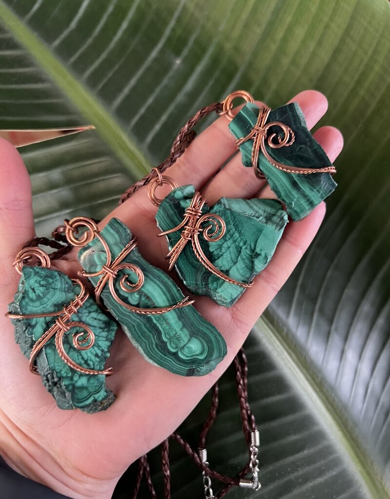 Malachite Slice Necklaces Copper Wire Wrapped, 18" length
