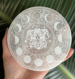 Selenite Round Charging Plate, Engraved Lunar Phases, 12cm