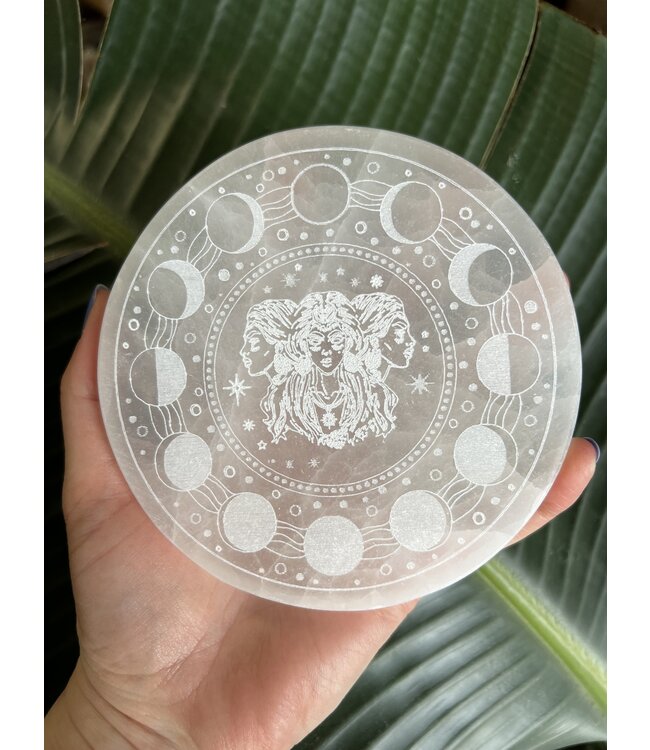 Selenite Round Charging Plate, Engraved Lunar Phases, 12cm