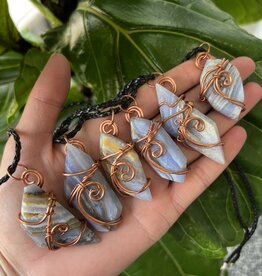 Blue Lace Agate Necklaces Copper Wire Wrapped, 18" length