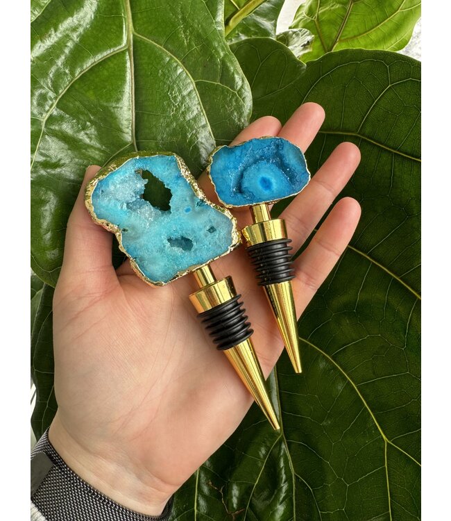 Geode Wine Bottle Toppers Gold Plated, Blue