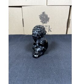 Black Obsidian Skull with Raven Carving