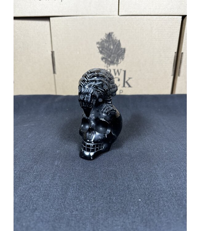 Black Obsidian Skull with Raven Carving