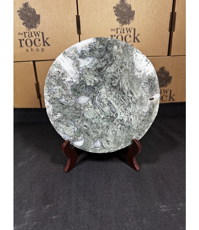 Moss Agate Plate with Stand #6, 1214gr