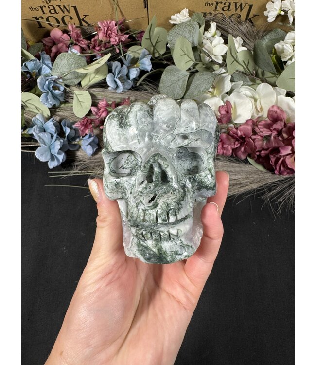 Pumpkin Moss Agate Skull #1, 864gr